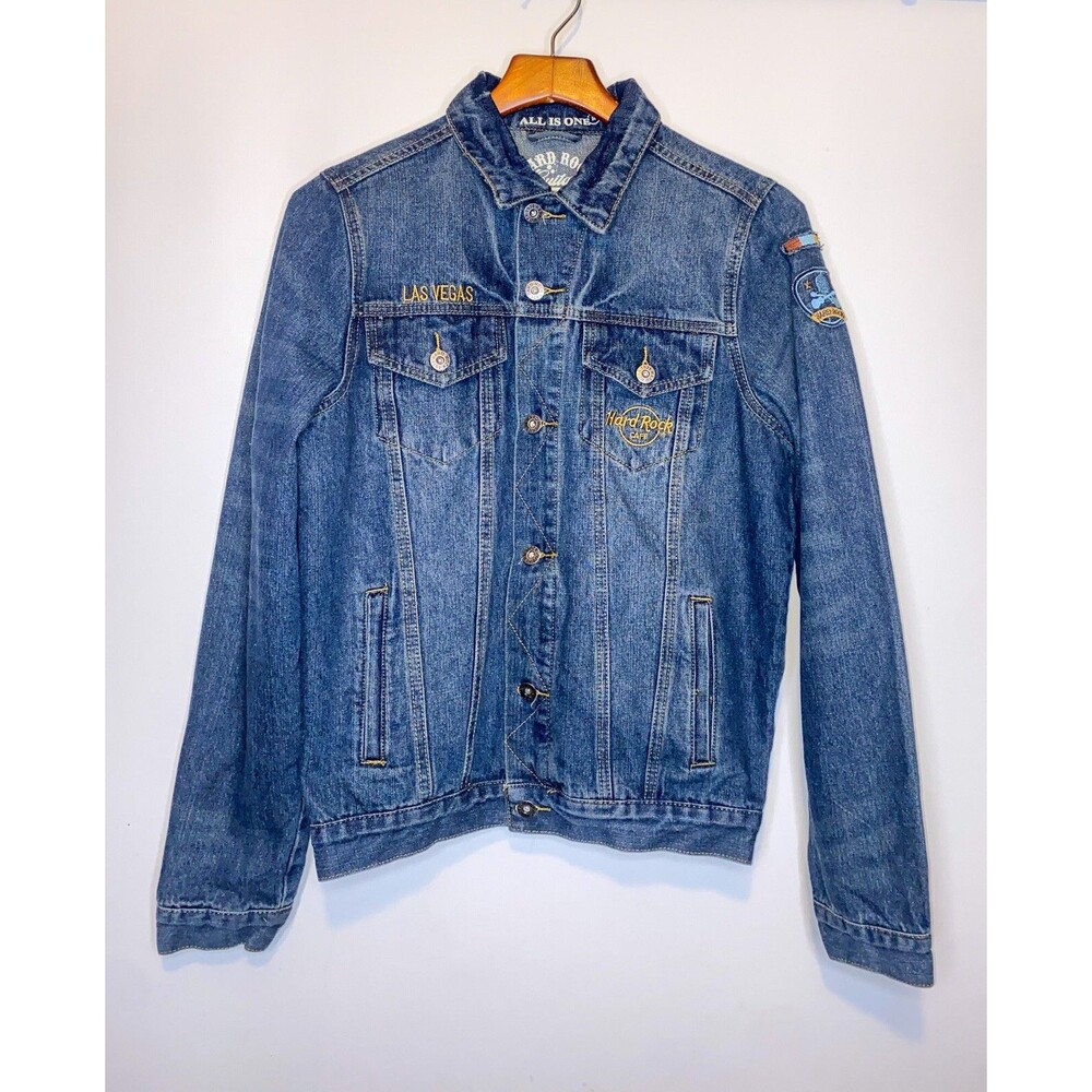 Vtg Hard Rock Café Denim Trucker Jacket Womens MED Las Vegas Rocker Patches